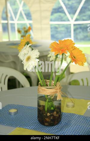 Couper les pâquerettes de gerbera dans des pots de maçon utilisés comme pièce maîtresse lors d'une réception de mariage à Atlas, Wisconsin USA. Banque D'Images