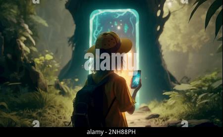 La fille regarde la porte lumineuse magique. 3d dessin animé illustration de la place du jeu. Illustration de Vecteur