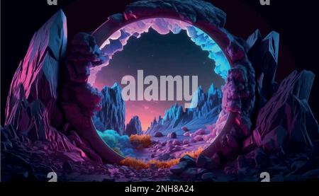 Arrière-plan abstrait avec portail rond, lumière néon, réalité virtuelle, cadre rond lumineux, rendu 3D Illustration de Vecteur