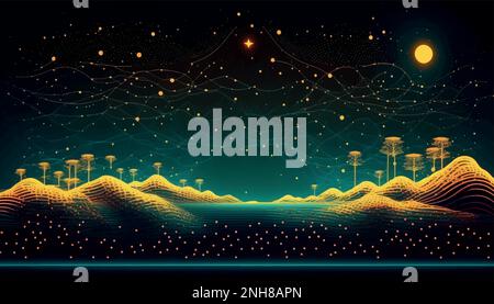 Paysage de montagnes abstrait avec des étoiles à l'horizon. Paysage futuriste. Illustration de Vecteur