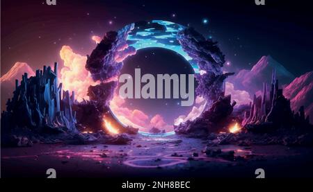 Arrière-plan abstrait avec portail rond, lumière néon, réalité virtuelle, cadre rond lumineux, rendu 3D Illustration de Vecteur