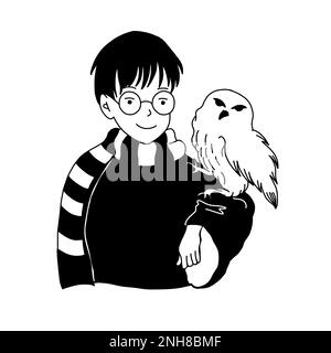 Harry Potter dans des verres avec hibou blanc des livres. Illustration vectorielle magique de style dessin animé, isolée sur fond blanc. Illustration de Vecteur