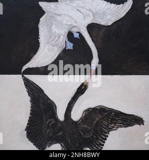 Le majestueux cygne symbolisait la « grandeur de l’esprit » à Helena Blavatsky, fondatrice de la Théosophie, un mouvement spiritualiste d’un grand intérêt pour Hilma af Klint; en alchimie, le cygne représente l’union des contraires nécessaires à la création de la pierre philosophale, substance censée transformer les métaux de base en or. Banque D'Images