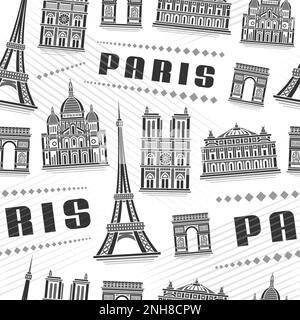 Vector Paris sans couture motif, fond carré répété avec illustration du paysage urbain décoratif de paris sur fond blanc pour papier d'emballage, monoc Illustration de Vecteur