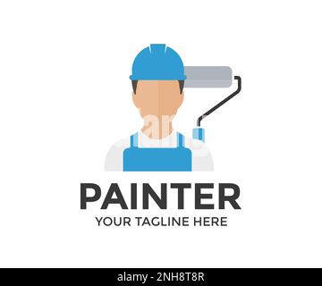 Design du logo Painter Worker man, un professionnel qui travaille dur. Workman et rouleau de peinture. Profil de personne, symbole d'avatar, icône Homme. Illustration de Vecteur