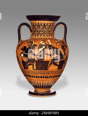 Mansardé Black-Figure Neck Amphora; attribué au groupe Medea (grec (Attic), actif 530 - 510 av. J.-C.); environ 510 av. J.-C.; terre cuite. Achilles et Ajax, deux grands héros de la guerre de Troie, jouent à un jeu de société sur cette amphore athénienne à figure noire. Derrière la table se trouve la déesse Athéna. La scène des guerriers à loisir mais avec leur armure à la disposition aurait pu avoir lieu pendant une pause dans la lutte contre la guerre de Trojan. Banque D'Images