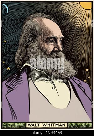 Walt Whitman (1819-1892), poète, essayiste et journaliste américain, célèbre pour sa collection de poésie de 1855 Leaves of Grass. Coupe de bois de Robert Bryden (1865-1939), artiste et sculpteur écossais, de 1899. Colorisé. Banque D'Images