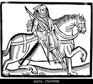 Robin Hood sur un cheval, illustration de la pièce de Robin des Bois et du shérif, c. 1475. Robin Hood était une figure populaire à la fin du Moyen-âge, qui aurait volé les riches et donné aux pauvres. Les ballades les plus connues avec lui sont du 15th siècle. Banque D'Images