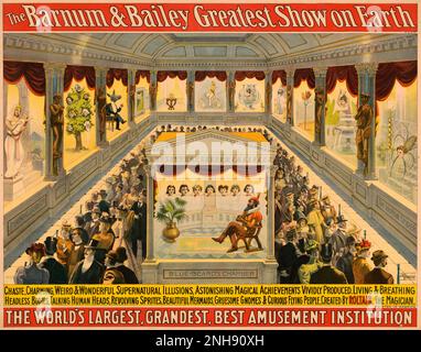 Une affiche pour Barnum et Bailey's Greatest Show on Earth: 'Chaste, charmant, étrange et merveilleux supernaturel illusions ... Créé par Roltair, le magicien,' c. 1898. On voit des illusions dans une salle, avec Bluebeard et sa chambre de femmes au centre. Banque D'Images