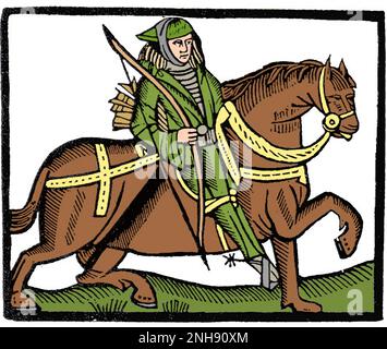 Robin Hood sur un cheval, illustration de la pièce de Robin des Bois et du shérif, c. 1475. Robin Hood était une figure populaire à la fin du Moyen-âge, qui aurait volé les riches et donné aux pauvres. Les ballades les plus connues avec lui sont du 15th siècle. Colorisé. Banque D'Images