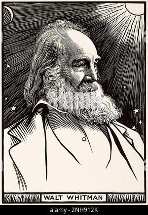 Walt Whitman (1819-1892), poète, essayiste et journaliste américain, célèbre pour sa collection de poésie de 1855 Leaves of Grass. Coupe de bois de Robert Bryden (1865-1939), artiste et sculpteur écossais, de 1899.