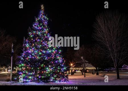 Magnifique grand sapin de Noël décoré dans Central Park pour célébrer la saison de Noël à North Branch, Minnesota, États-Unis. Banque D'Images