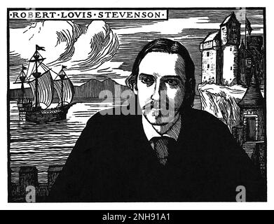 Robert Louis Stevenson (1850-1894), romancier, essayiste, poète et écrivain écossais. Coupe de bois de Robert Bryden (1865-1939), artiste et sculpteur écossais, 1901. Banque D'Images