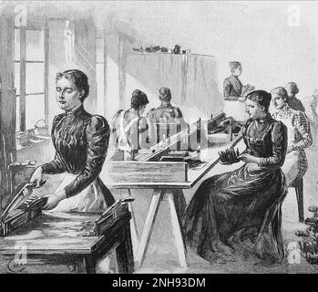 Les femmes aveugles font des bottes à une école pour les aveugles au 19th siècle. Valentin Hauy (1745-1822) a créé la première école pour aveugles en 1785 à Paris, à laquelle Louis Braille a assisté en 1819. D'autres écoles pour aveugles ont suivi son modèle. Banque D'Images