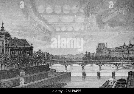 Un mirage au-dessus de Paris, France, en décembre 1869, montrant un phénomène atmosphérique dans lequel des réflexions d'objets apparaissent au-dessus des vrais. Cela se produit lorsqu'une couche d'air chaud, avec son indice de réfraction plus élevé, se trouve au-dessus d'une couche de froid. Gravure par Camille Flammarion, 1873./n/n. Banque D'Images