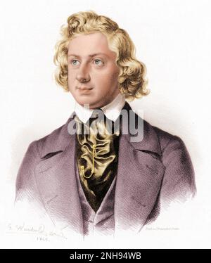 Niels Wilhelm Gade (1817-1890) est un compositeur, chef d'orchestre, violoniste et organiste danois. Gravure par Johann Georg Weinhold (1813-1880) de 1845. Colorisé. Banque D'Images