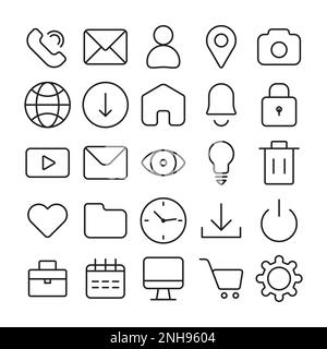 Pack d'icônes professionnelles avec appel téléphonique, message, emplacement, bouton d'accueil, horloge, définition, etc. contour vectoriel Illustration de Vecteur
