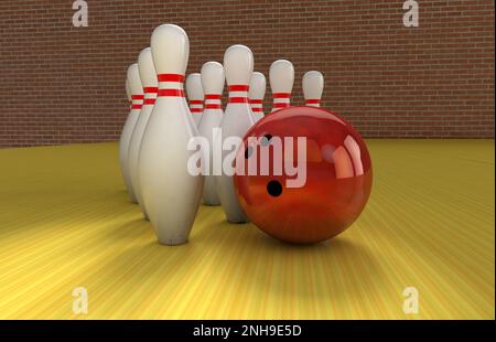 Un groupe de quilles se trouve près d'une boule de bowling sur un rendu Lane 3D Banque D'Images