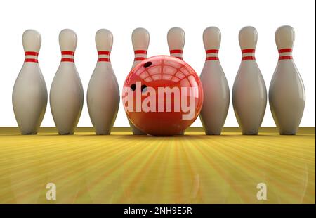 Un groupe de quilles se trouve près d'une boule de bowling sur un rendu Lane 3D Banque D'Images