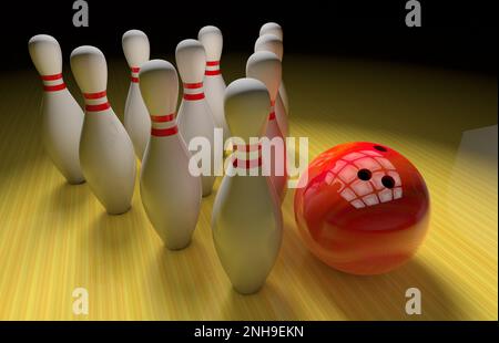 Un groupe de quilles se trouve près d'une boule de bowling sur un rendu Lane 3D Banque D'Images