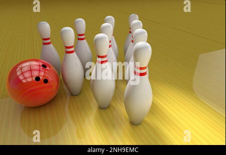 Un groupe de quilles se trouve près d'une boule de bowling sur un rendu Lane 3D Banque D'Images