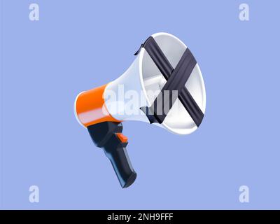 Mégaphone avec corne scellée sur fond bleu isolé. Concept de propagande. Métaphore de la presse, révélant le concept de dictature et de politicien Banque D'Images