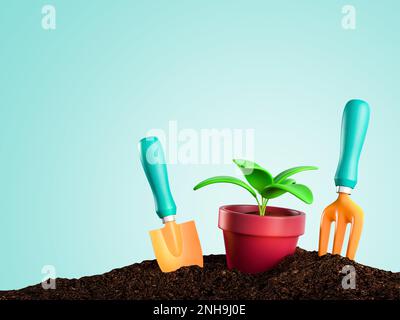 Planter une petite plante sur une pile de sol avec des outils de jardinage sur fond bleu isolé. 3d rendu Banque D'Images