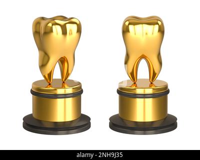 Set Golden Trophy tooth tooth. Un cadeau au meilleur dentiste. Arrière-plan blanc isolé. 3d rendu Banque D'Images