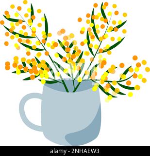 Branches mimosa en fleurs dans le bouquet de fleurs mis sur le mug Illustration de Vecteur