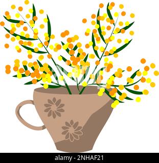 Branches de mimosa en fleurs dans le bouquet de fleurs mis sur la tasse Illustration de Vecteur