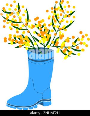 Bouquet de fleurs mimosa mis sur des bottes en caoutchouc chaussures bottes bottes Wellington de couleur bleue Illustration de Vecteur