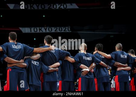 7 AOÛT 2021 : équipe FRANCE à la finale masculine de basket-ball entre les États-Unis et la France aux Jeux Olympiques de Tokyo 2020 (photo de Mickael Chavet/RX) Banque D'Images