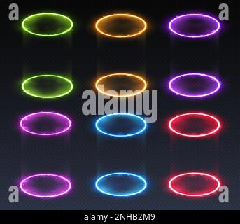 Portails magiques, tunnels futuristes au néon, collection de téléports LED lumineux. Illustration de Vecteur