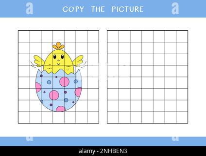 Copiez la photo de l'œuf de Pâques mignon avec un petit poussin. Jeu éducatif simple pour les enfants Banque D'Images