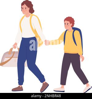 Mère et fils avec des bagages laissant dans la hâte semi-plat personnages de couleur vecteur Illustration de Vecteur