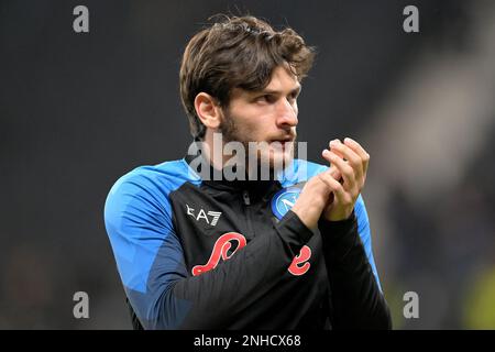 FRANCFORT - Khvicha Kvaratskhelia de la SSC Napoli avant le match de 16 de la Ligue des champions de l'UEFA entre Eintracht Frankfurt et la SSC Napoli au stade Bank Park en Allemagne sur 21 février 2023 à Francfort-sur-le-main, en Allemagne. AP | hauteur néerlandaise | GERRIT DE COLOGNE Banque D'Images