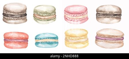 Macarons assortis à l'aquarelle, macarons mix clip art, illustration des desserts, boulangerie, cuisine clipart Banque D'Images