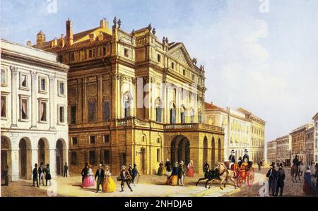 Le THÉÂTRE ALLA SCALA de Milan par l'architecte GIUSEPPE PIERMARINI ( Foligno 1734 - 1808 ) , construit en un temps record , sur le même lieu a été construit le Teatro Ducale par l'Archiduc de Milan sous la domination autrichienne et brûlé le 26 février 1776. La Scala a été inaugurée sur 3 août , 1778 . Dans cette photo la Scala dans une gravure vintage du XIX c. jusqu'à la fin du XIX siècle , la Scala regarda sur une rue , Pas une place - TEATRO - OPERA LIRICA - MUSICA CLASSICA - CLASSIQUE - MUSIQUE - ARCHITETURA - ARCHITECTURE - stampa - incisione - NEOCLASSICO - NÉOCLASSIQUE - NÉOCLASSICISME Banque D'Images