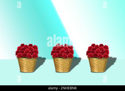 trois paniers avec roses, design romantique et créatif pour les vacances Banque D'Images