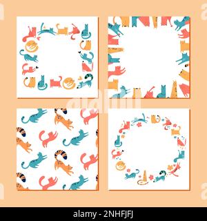 Ensemble de cadres avec un imprimé chat et un motif sans couture pour l'impression. Chats dessinés à la main pour l'impression, les textiles, les tee-shirts, les affiches. Cadre sur fond blanc. Visages mignons, moustaches, pattes, queues. Vecteur. Illustration de Vecteur