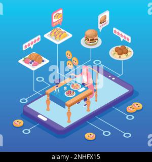 Composition isométrique d'évaluation de restaurant avec blogueur de nourriture et l'illustration de vecteur de revue d'Internet Illustration de Vecteur