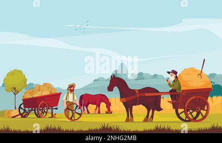 Véhicules tirés par des chevaux sur fond rustique avec des animaux dans le harnais pour travailler sur l'illustration vectorielle de ranch Illustration de Vecteur