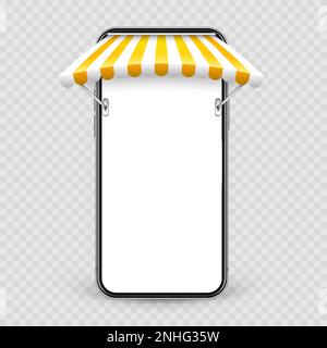 Smartphone avec store et support métallique, achats en ligne sur Internet. Bar-salon à rayures jaunes réalistes. Tente du marché extérieur. Toit-abri Illustration de Vecteur