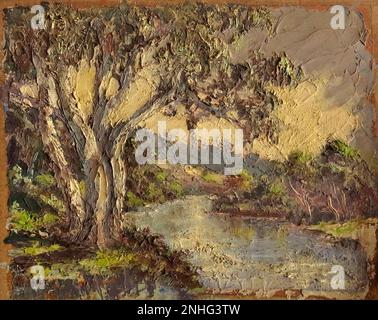 AJAXNETPHOTO. 20TH SIÈCLE, VERS 1930S - 1950S. AUSTRALIE, EMPLACEMENT EXACT INCONNU. ARTISTE INCONNU. UN PAYSAGE AVEC RIVIÈRE ET EUCALYPTUS. HUILE SUR CARTON AVEC COUTEAU À PALETTE TRAVAIL D'ORIGINE. © IMAGE NUMÉRIQUE COPYRIGHT AJAX VINTAGE PICTURE LIBRARY SOURCE: AJAX COLLECTION VINTAGE PICTURE LIBRARY REF:GR172302 8936 Banque D'Images