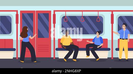 Personnes assises et debout dans une voiture de métro illustration vectorielle plate Illustration de Vecteur