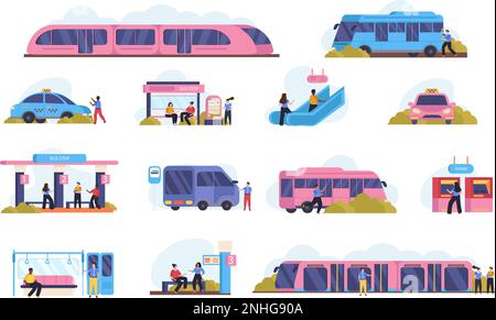 Personnes utilisant divers moyens de transport public ensemble plat avec métro bus taxi isolé sur fond blanc illustration vectorielle Illustration de Vecteur