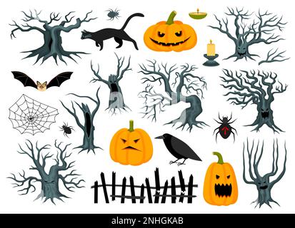 Halloween ensemble plat d'arbres effrayants citrouilles effrayantes et divers symboles de vacances illustration vectorielle isolée Illustration de Vecteur