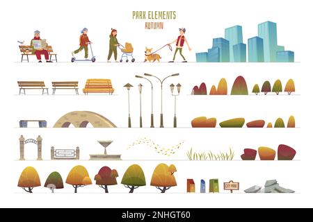 Parc de la ville ensemble d'automne d'arbres éléments architecturaux et de personnes de marche dessin animé illustration vectorielle isolée Illustration de Vecteur