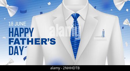 Affiche horizontale réaliste de la fête des pères avec élégante veste blanche et cravate sur fond bleu dégradé avec illustration vectorielle de noeuds papillon Illustration de Vecteur