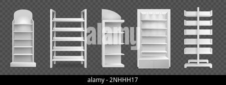 Ensemble réaliste de supports blancs vides pour l'intérieur du supermarché et du magasin, isolé de l'illustration vectorielle transparente de l'arrière-plan Illustration de Vecteur